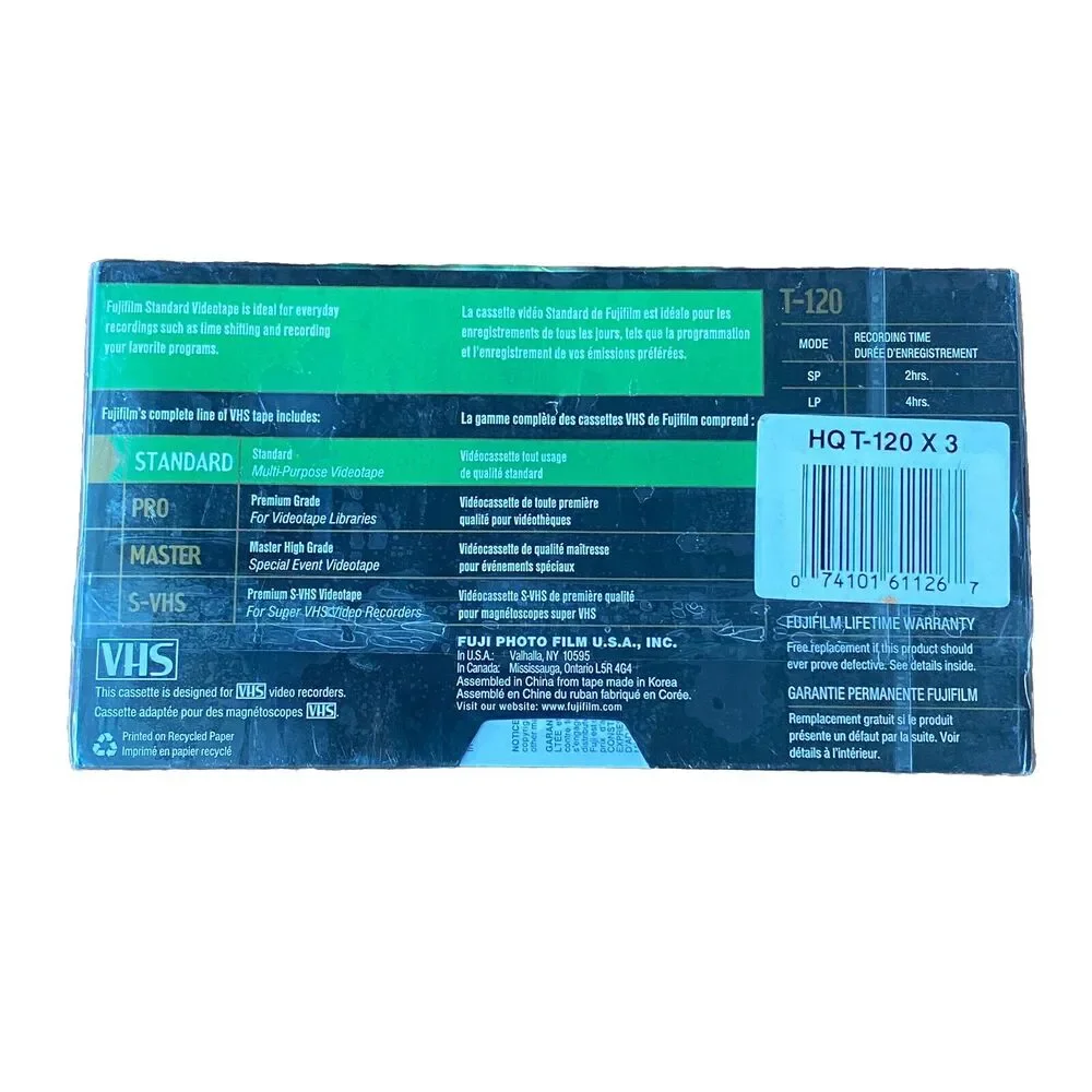 Fujifilm HQ High Quality VHS Blank Tape T-120 6 Hour New Sealed Pack Of 3